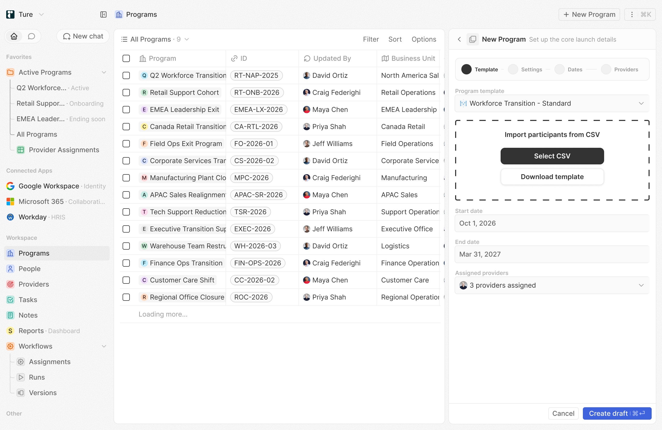 Client Hub showing workforce transition programs, engagement, and program health